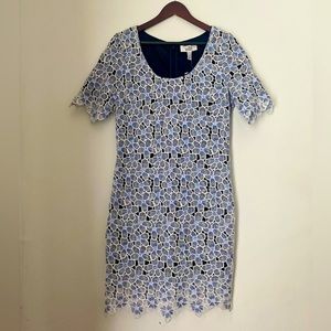 NWT Badgley Mischka Blue Floral Lace Overlay Sheath Dress Cocktail Wedding Sz 12
